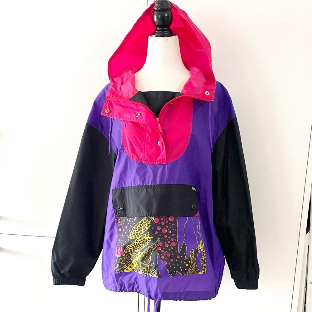 Vintage Purple Black & Hot Pink Pullover Windbreaker Jacket - Picture 1 of 6
